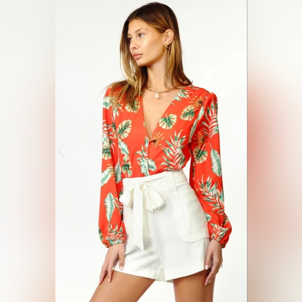 Adelyn Rae Anthropologie women Orange Leaf Tropical Floral Bodysuit Blouse
